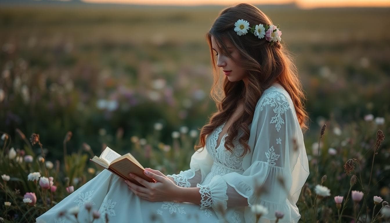 Mariée bohème lisant un journal dans un champ au crépuscule, ambiance mystérieuse et douce