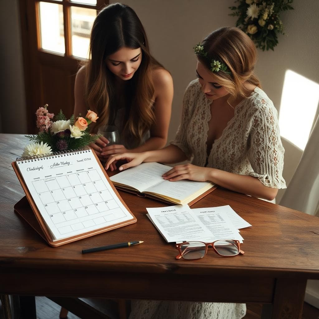 Future mariée bohème vérifiant son dossier et un calendrier d’échéances sur une table rustique