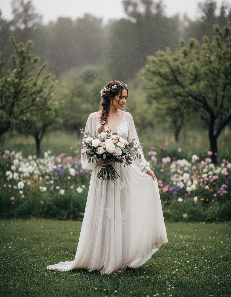 Mariée bohème fluide sous une pluie fine dans un jardin champêtre, traîne courte et jupe légère, ambiance romantique
