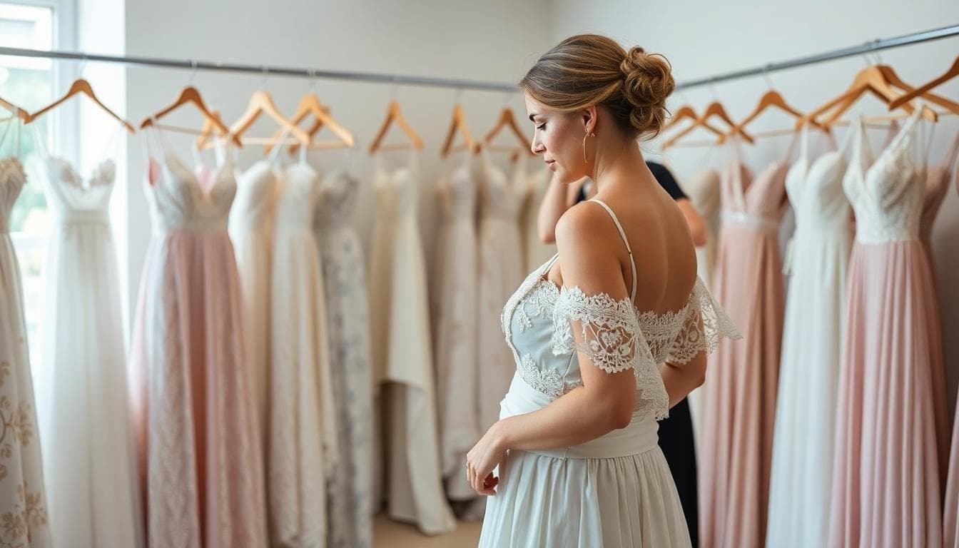 Mariée bohème pressée choisissant une robe d'expo en taille proche, retouches rapides en boutique, ambiance sereine