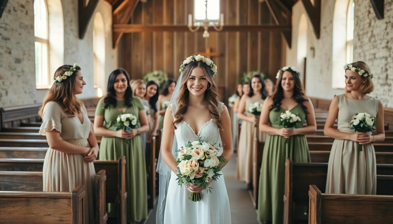 Mariée bohème à l’église avec témoins en tenues coordonnées et bouquets légers