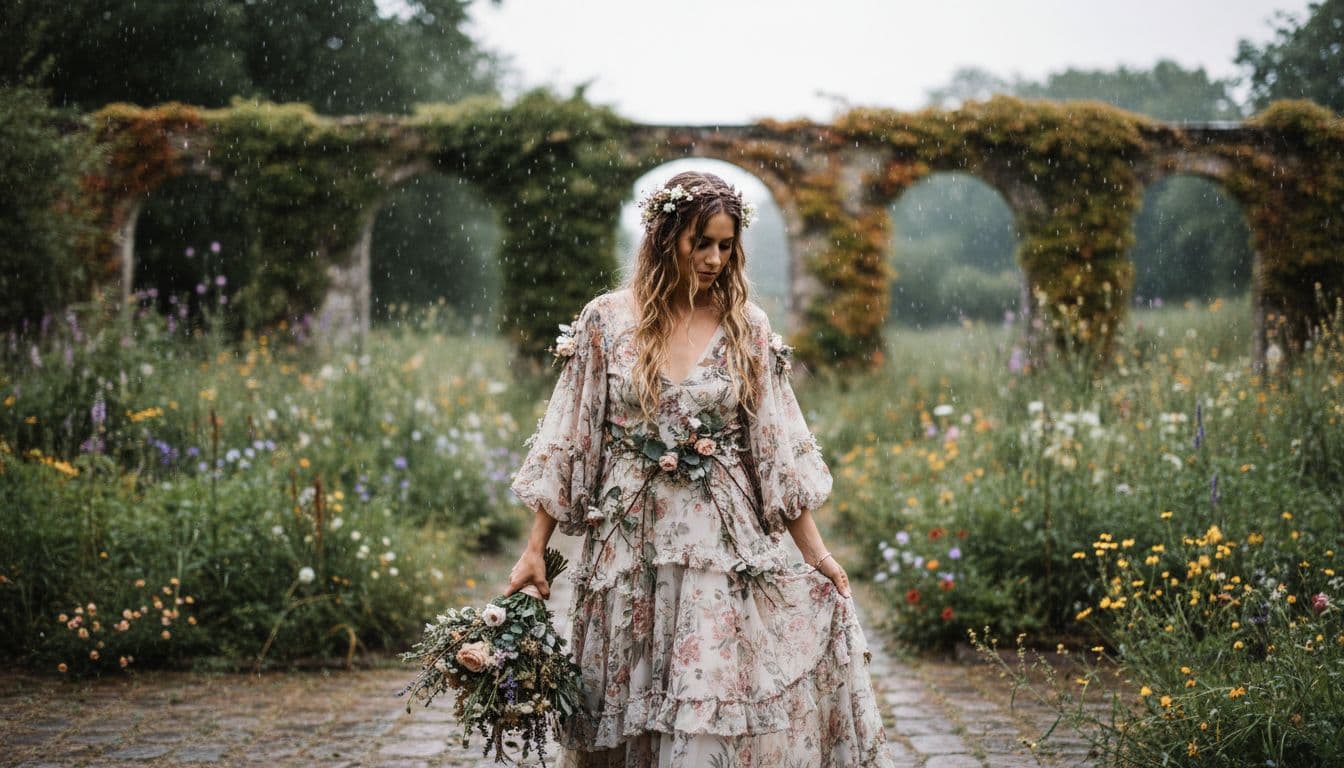Mariée bohème dans un jardin champêtre sous une pluie fine, robe fluide fleurie, ambiance intime et lumineuse
