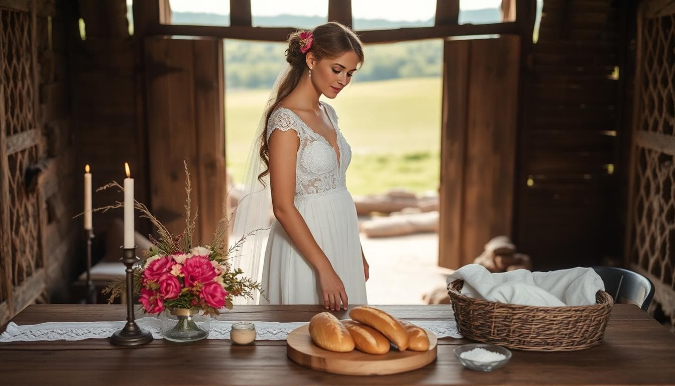 Mariée bohème dans un cadre rustique avec anneaux, pain et sel, cortège simple et ambiance champêtre.