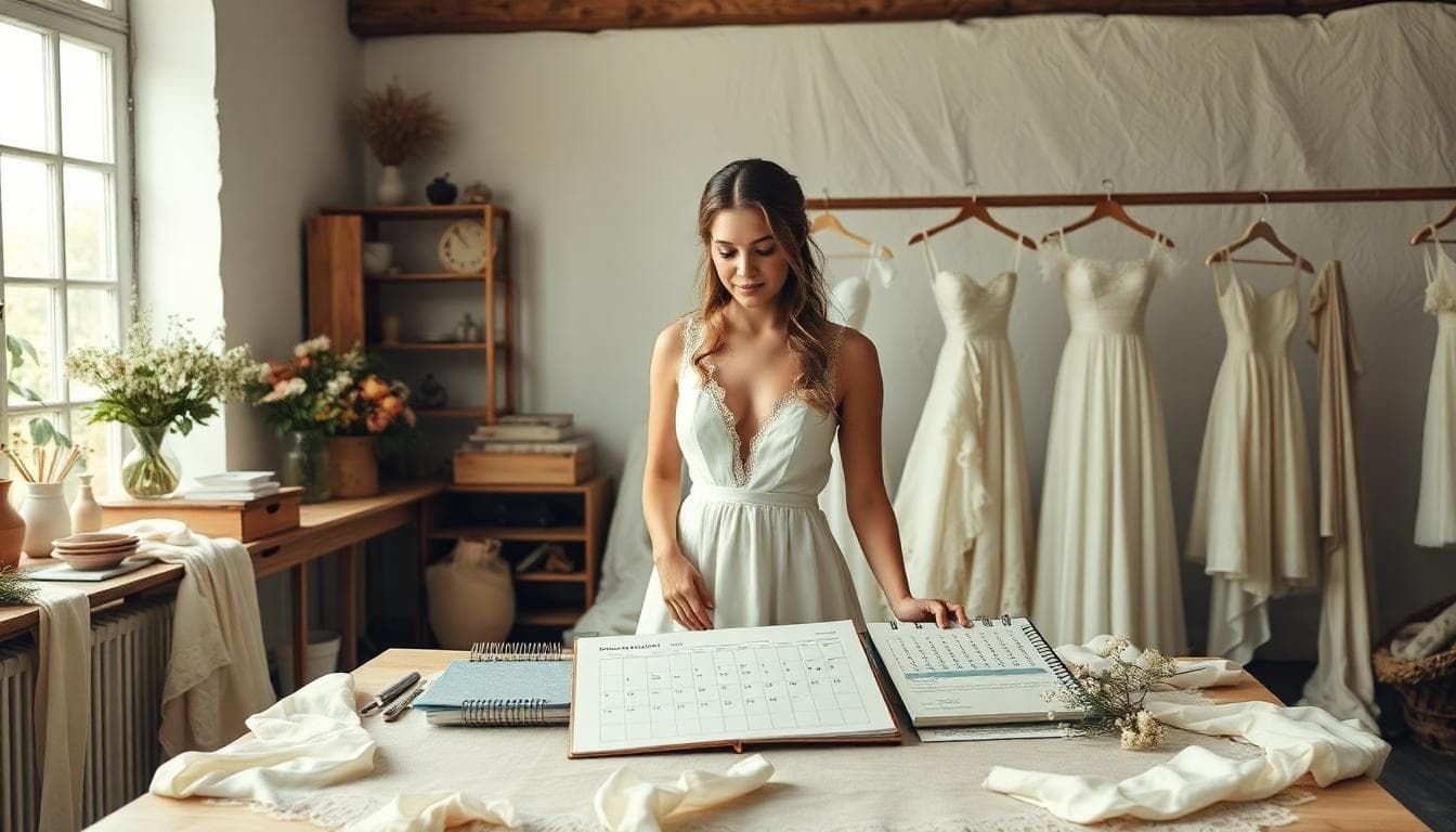 Future mariée bohème discutant des délais de fabrication et des retouches dans un atelier lumineux avec une couturière, calendrier ouvert et tissus en dentelle