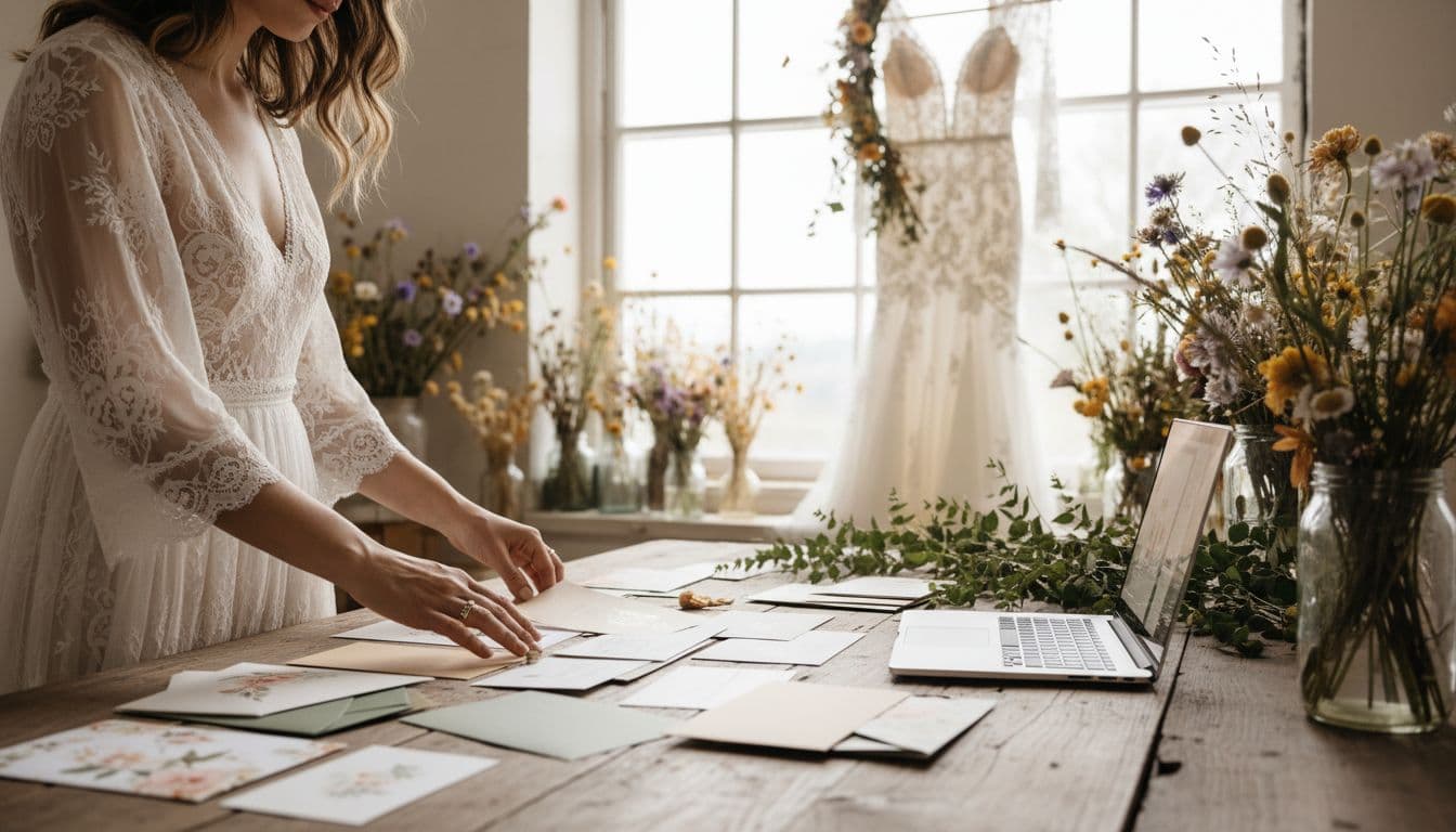 Mariée bohème comparant des papiers et des options d’impression dans un atelier lumineux