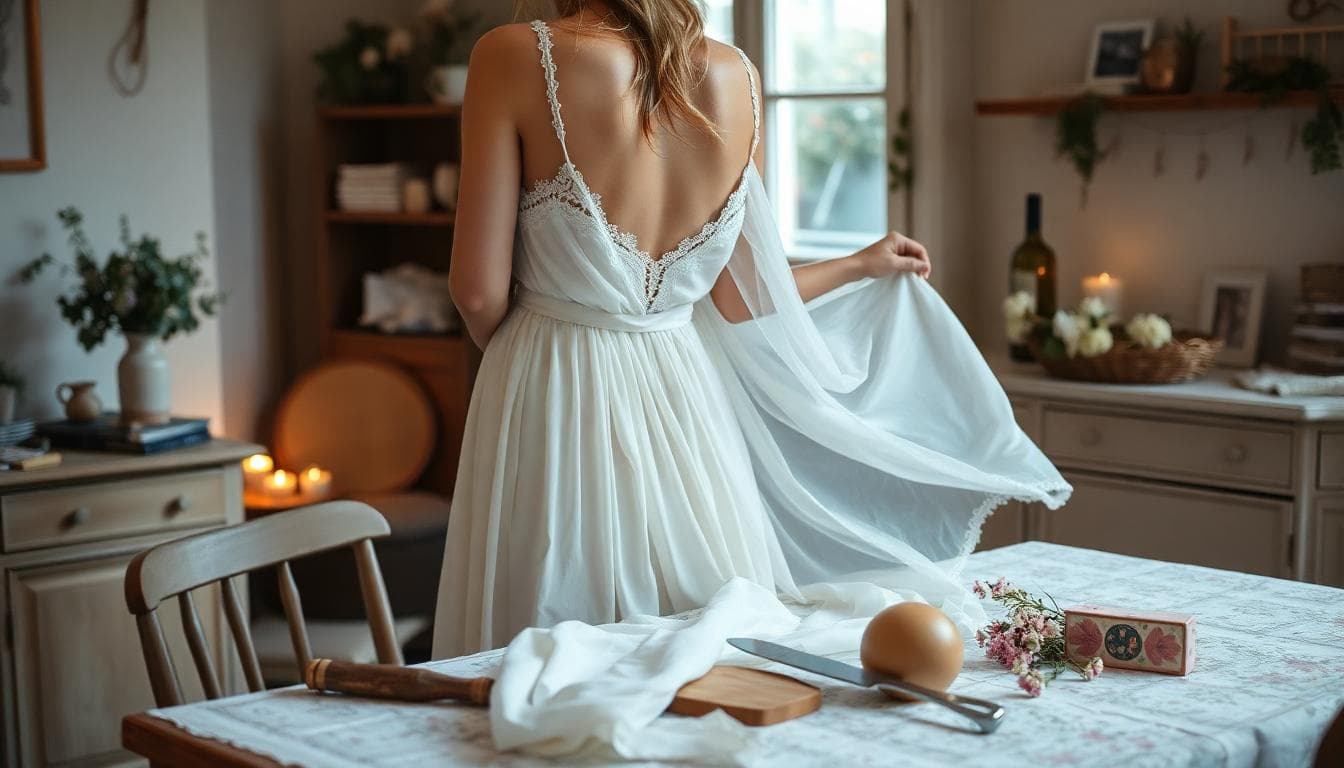Mariée bohème à la maison qui marque et coupe délicatement l’ourlet de sa robe sur une table, ambiance douce et lumineuse