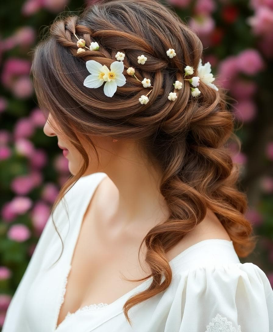 Mariée avec couronne de tresses souples et fleurs séchées, style champêtre