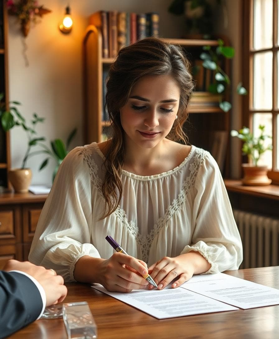 Future mariée bohème signant un contrat de mariage chez le notaire, ambiance douce et naturelle