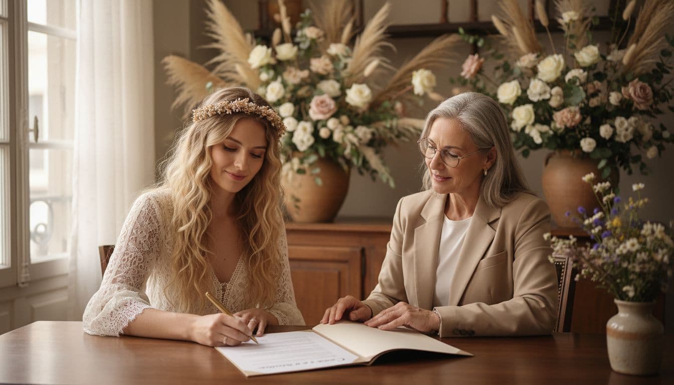 Future mariée bohème signant un contrat de mariage chez le notaire, ambiance lumineuse et florale, style romantique.