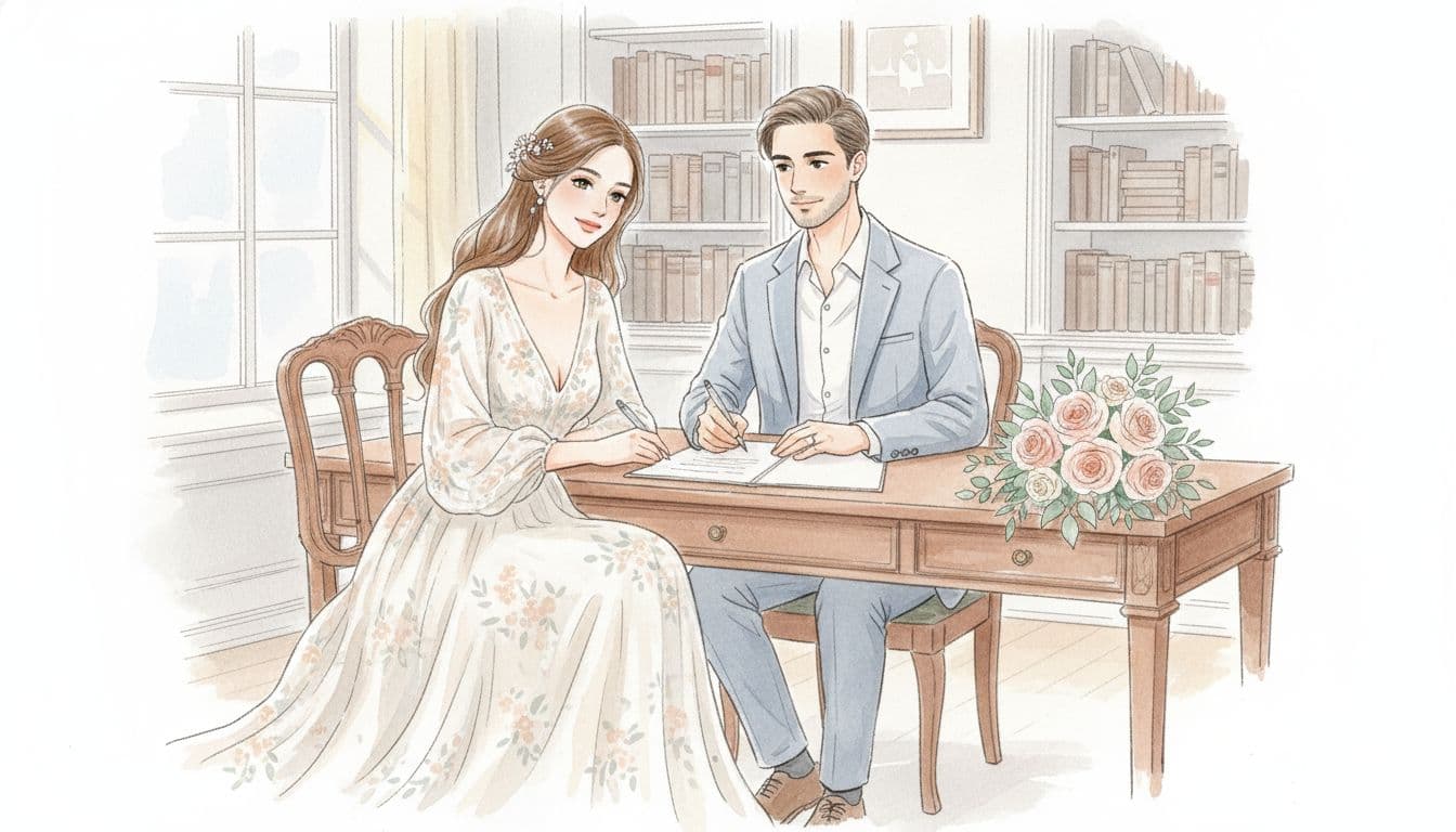 Illustration aquarelle d’une future mariée bohème signant un contrat de mariage chez le notaire, lumière douce, livres et fleurs sur le bureau, ambiance intime et sereine. Image created with AI