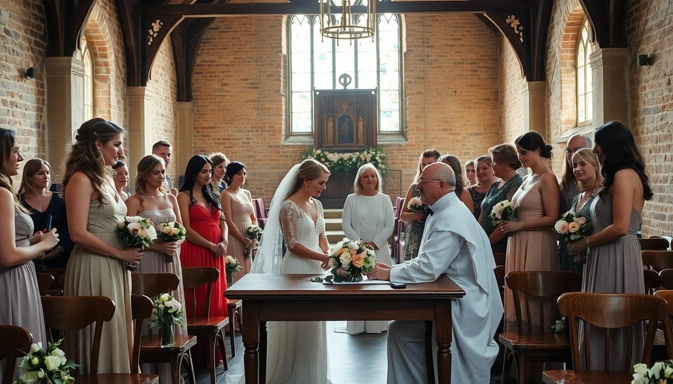 Mariée bohème signant le registre paroissial avec ses témoins et le prêtre, ambiance intime et florale