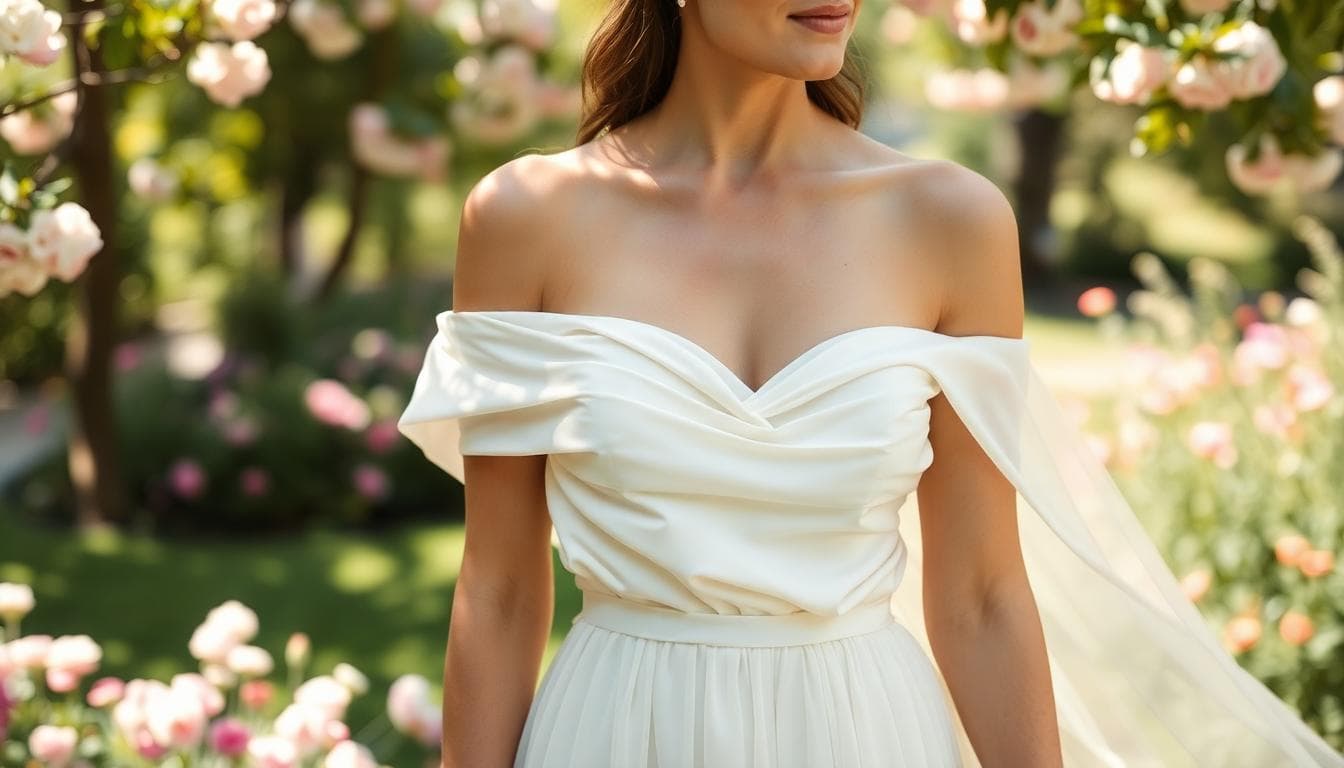 Mariée en robe bustier style empire avec étole en soie nouée au buste, ambiance jardin fleuri
