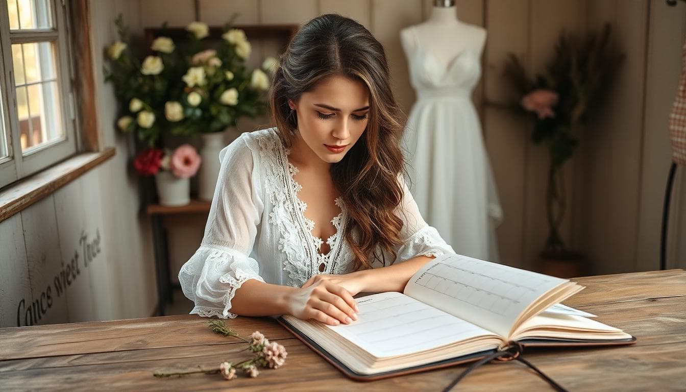 Mariée bohème concentrée sur un calendrier et des échantillons de dentelle, ambiance naturelle et douce
