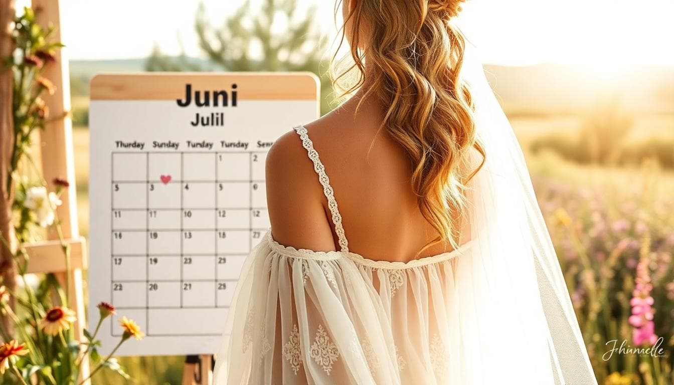 Mariée bohème devant un calendrier d’été avec fleurs sauvages, ambiance douce et ensoleillée