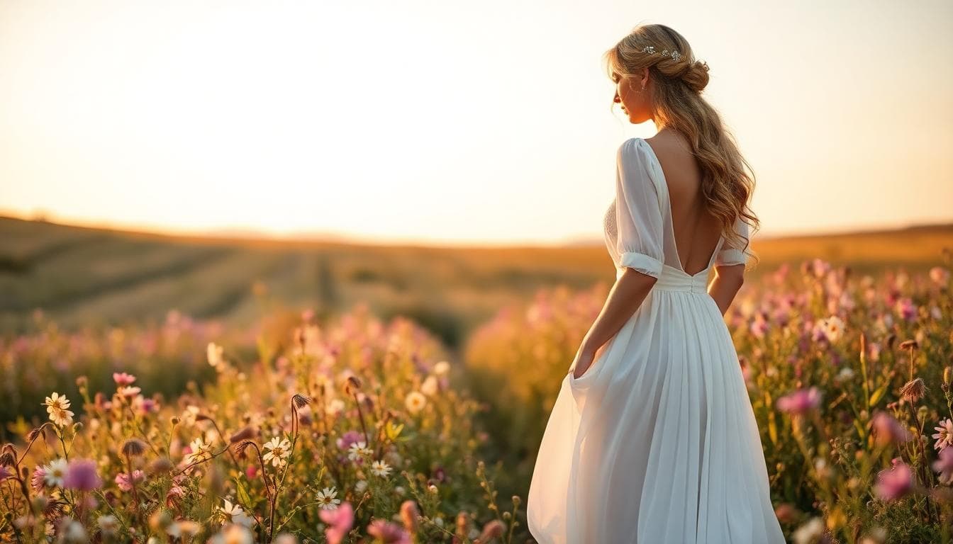 Mariée bohème en mousseline avec traîne légère dans un champ fleuri au lever du soleil. Image created with AI