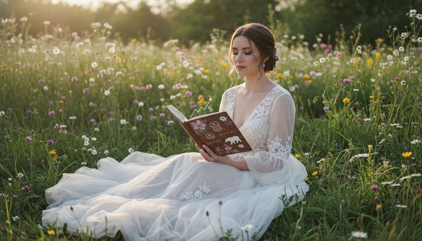 Mariée bohème réfléchissant à ses choix financiers dans un jardin fleuri au lever du soleil. Image créée par IA.