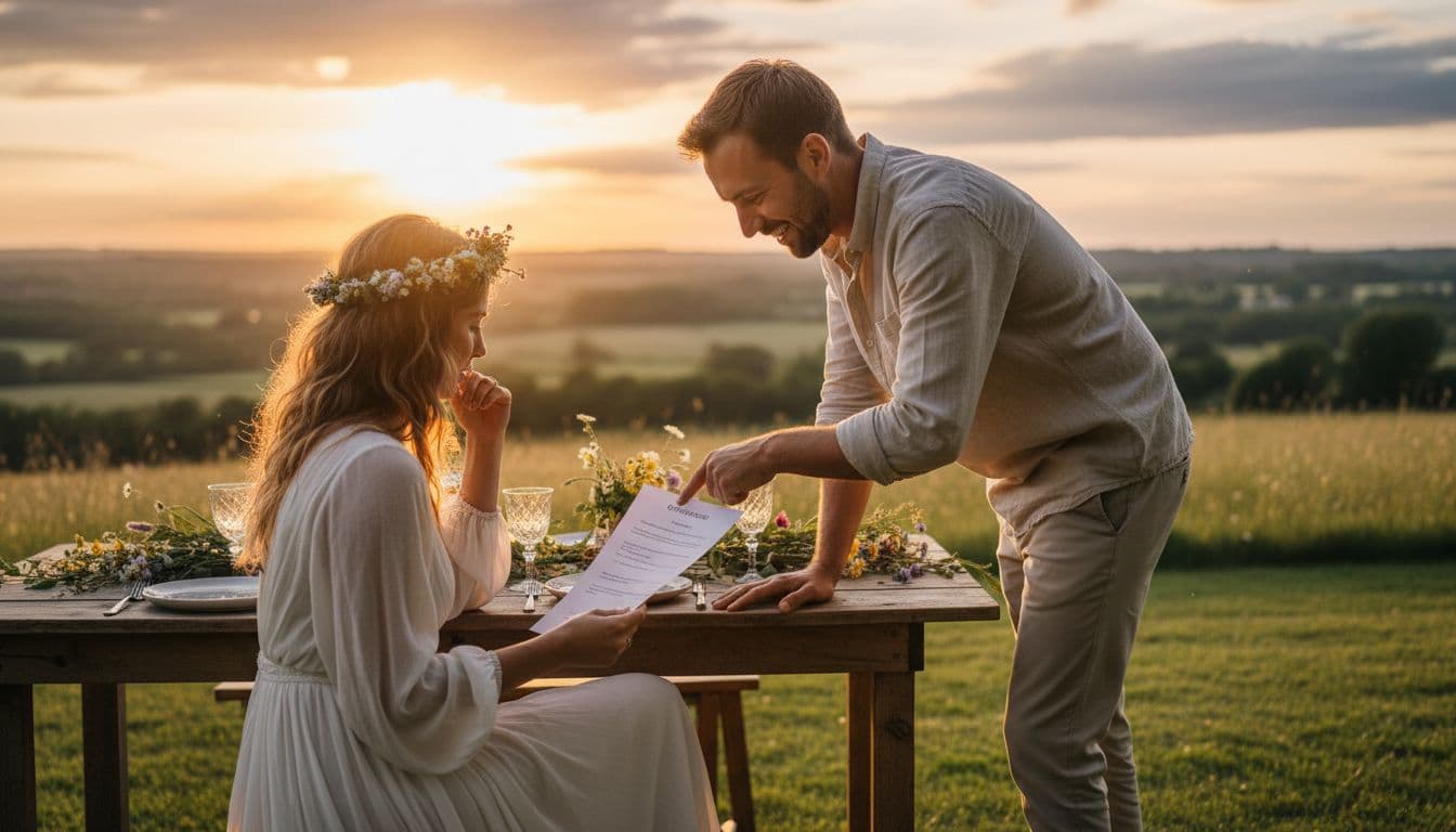 Mariée bohème examinant un devis avec un photographe au soleil couchant, ambiance naturelle