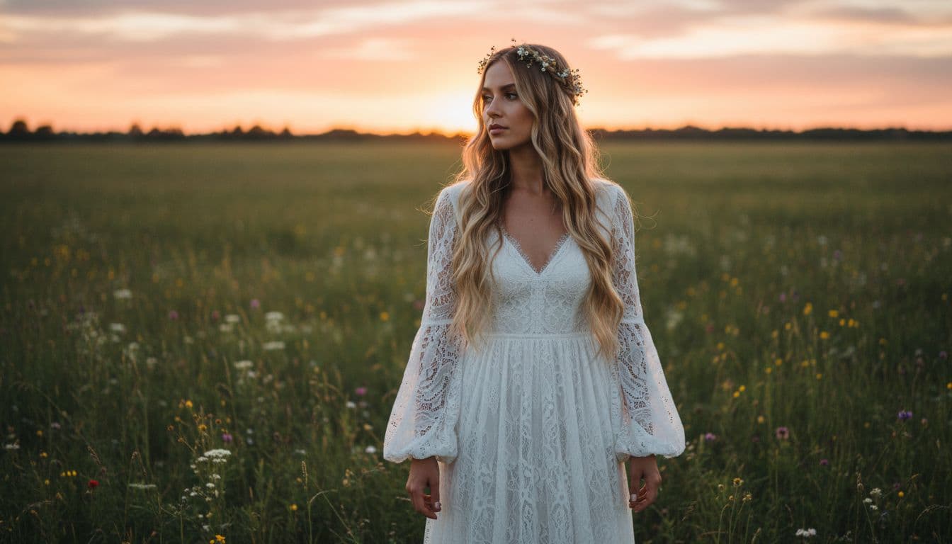 Mariée bohème au soleil couchant, robe fluide en dentelle, émotion douce et naturelle