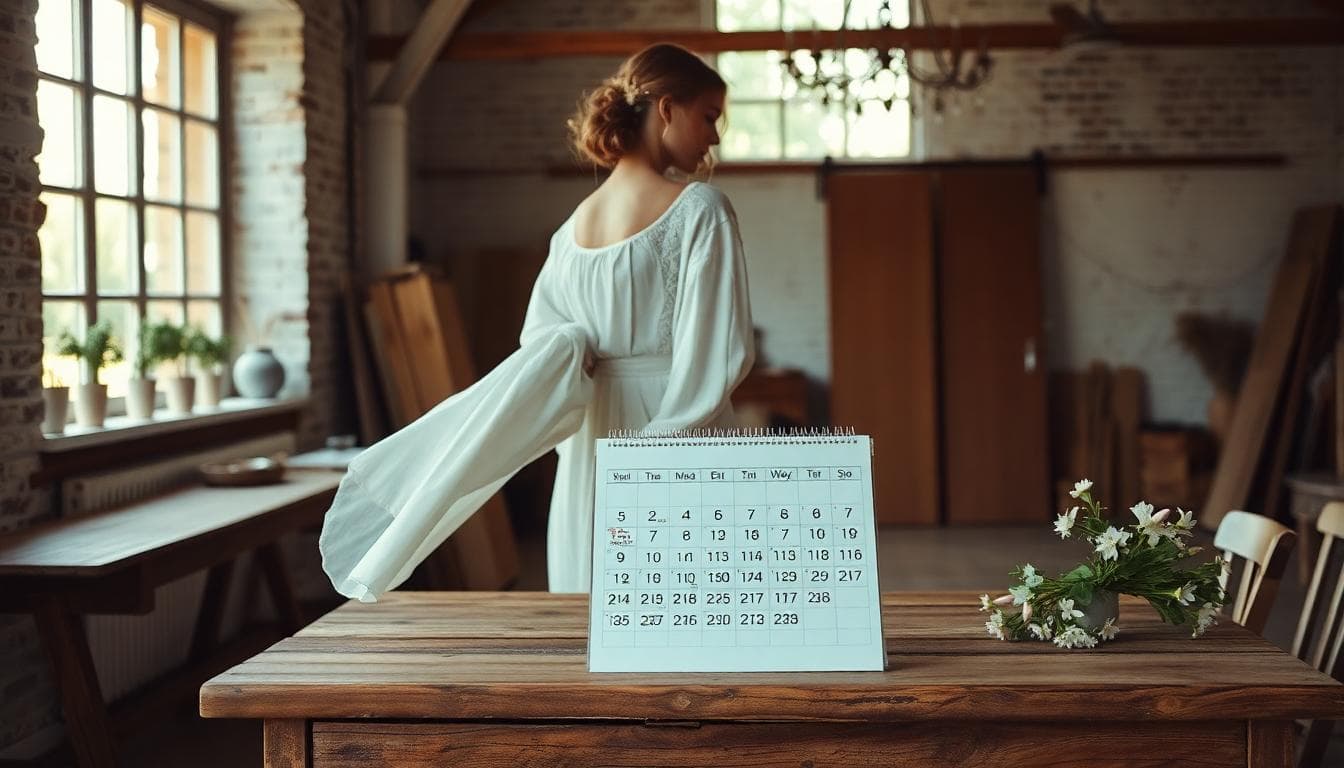 Future mariée bohème essayant une robe fluide dans un atelier lumineux, avec un calendrier ouvert en arrière-plan, ambiance douce et naturelle