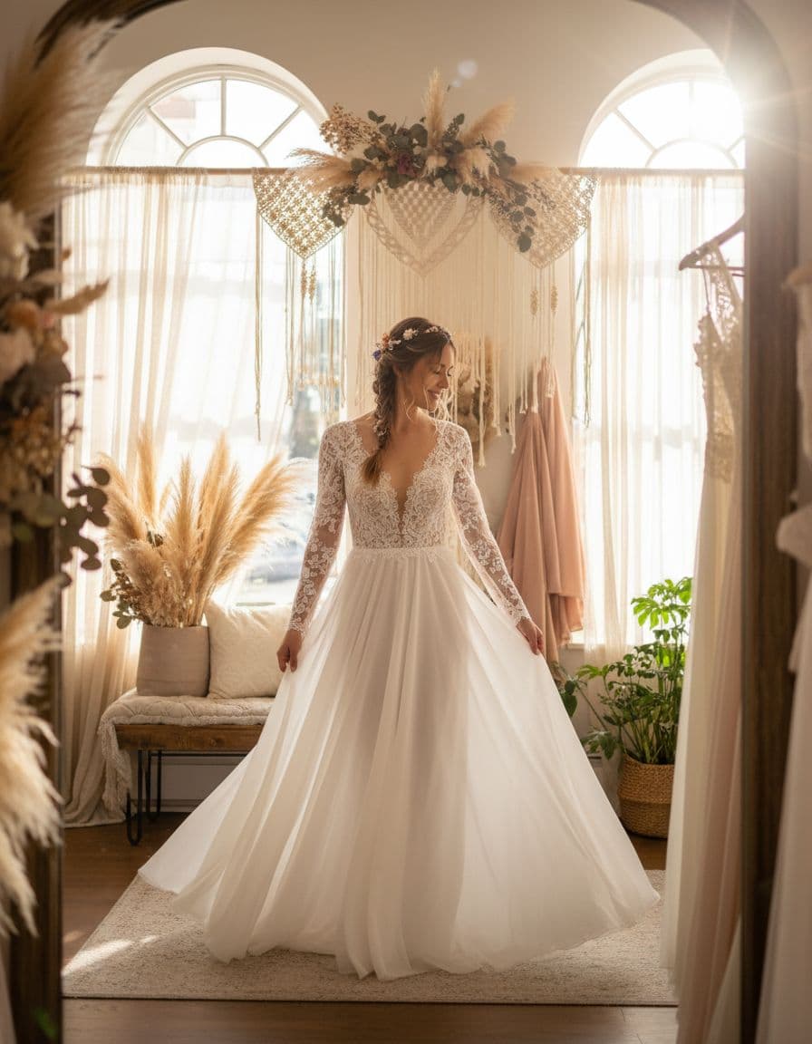 Mariée bohème essayant une robe fluide en boutique lumineuse, ambiance douce et naturelle