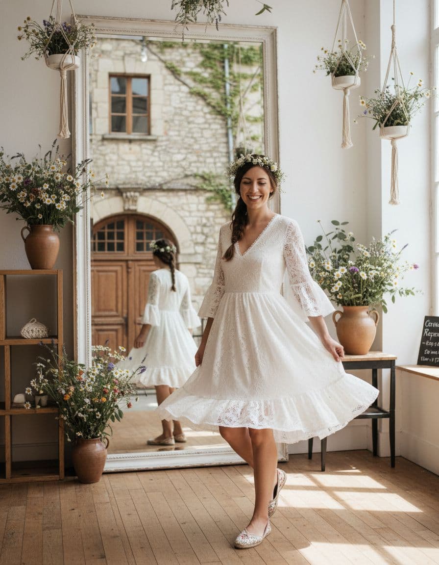 Mariée bohème essayant une robe fluide et courte dans une boutique lumineuse, ambiance joyeuse et naturelle