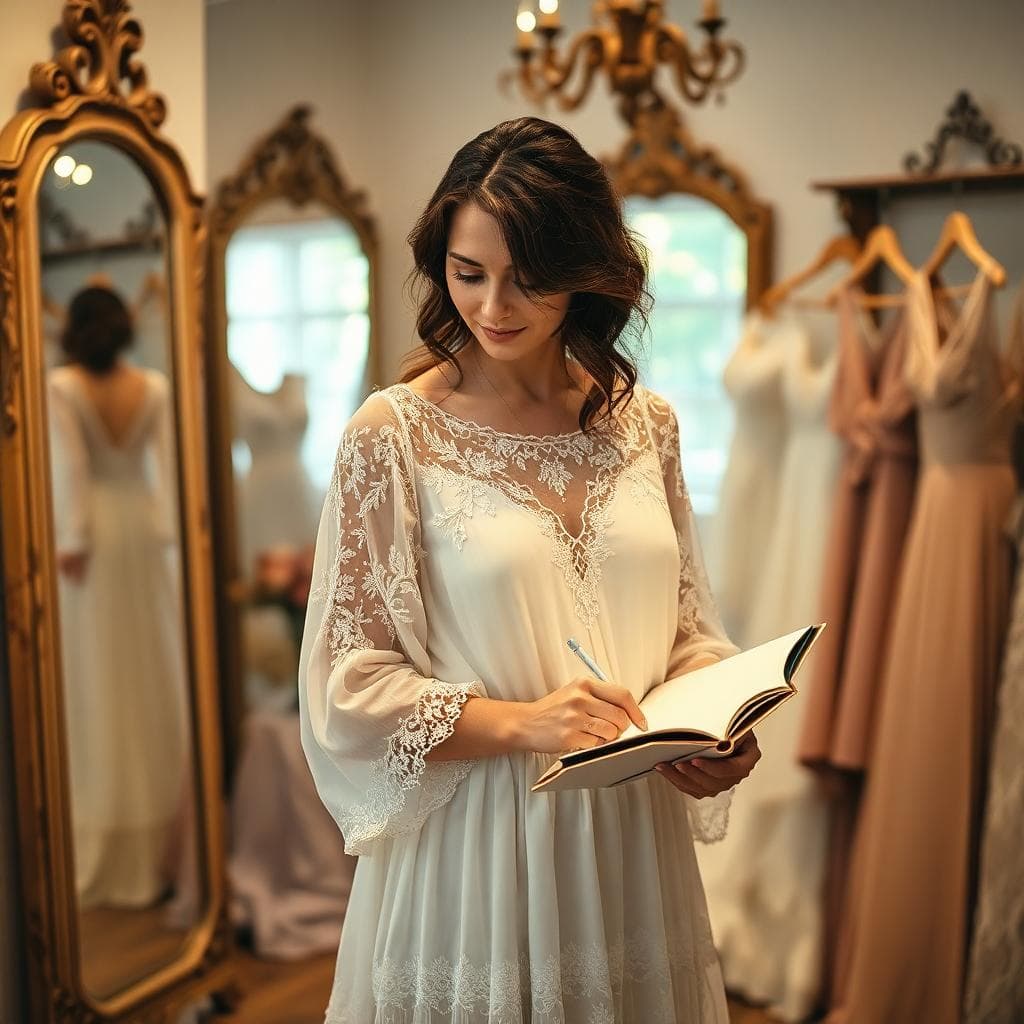 Essayage en boutique bohème, robe en dentelle fluide, carnet d’impressions à la main