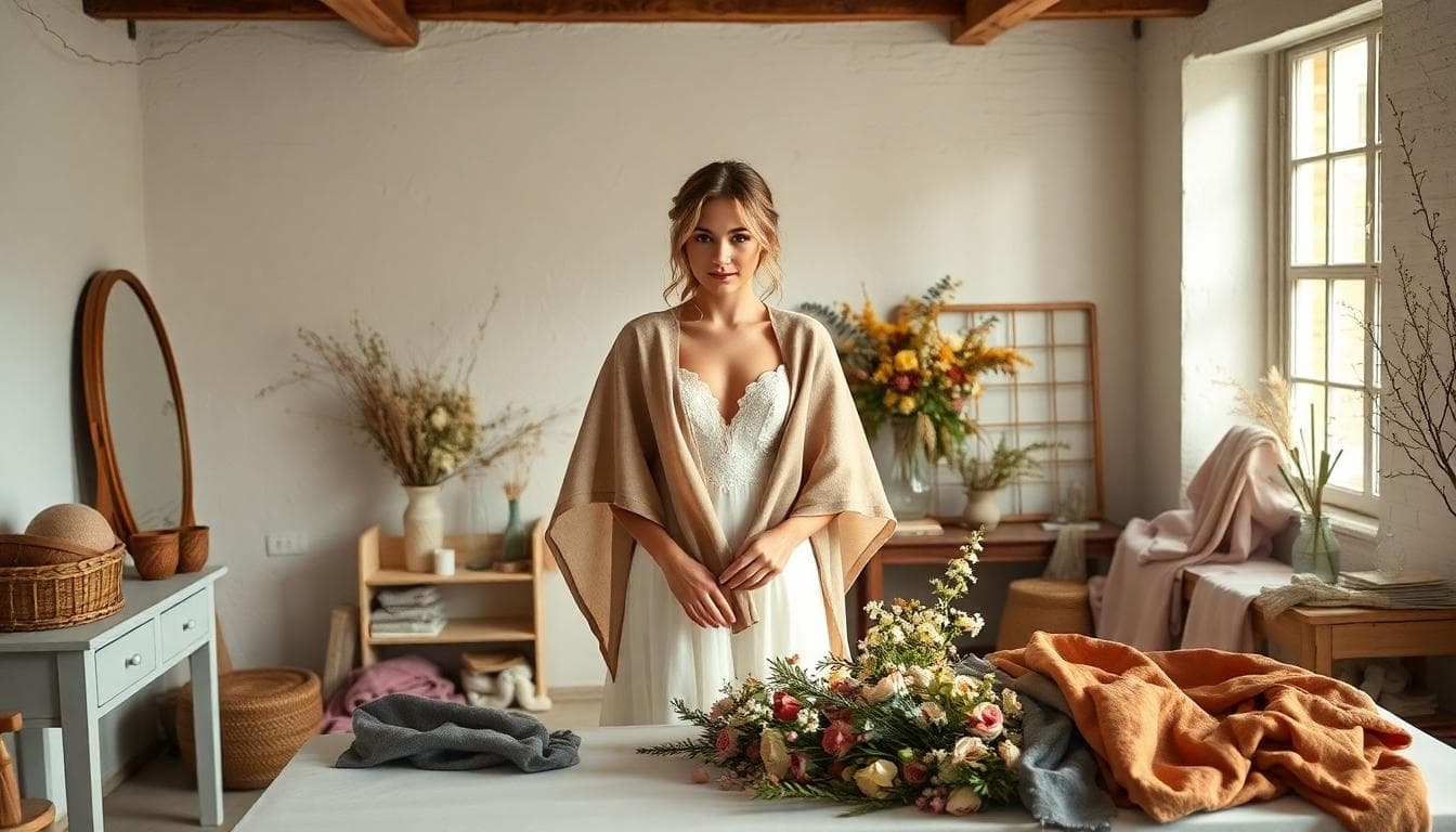 Mariée bohème essayant des étoles de différentes matières et saisons dans un atelier lumineux, textures visibles et ambiance fleurie