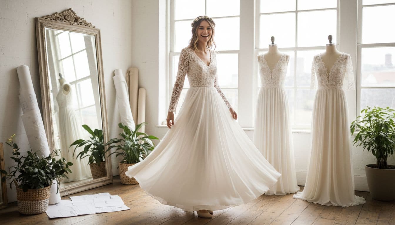 Mariée bohème essayant différentes coupes de robes dans un atelier lumineux, silhouettes en A, V, H, X sur des mannequins, style fluide ivoire et dentelle