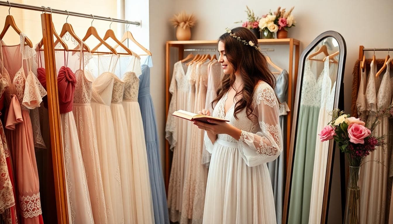 Mariée bohème essayant plusieurs robes dans une boutique cosy, carnet d’impressions en main, lumière naturelle et dentelle en mouvement