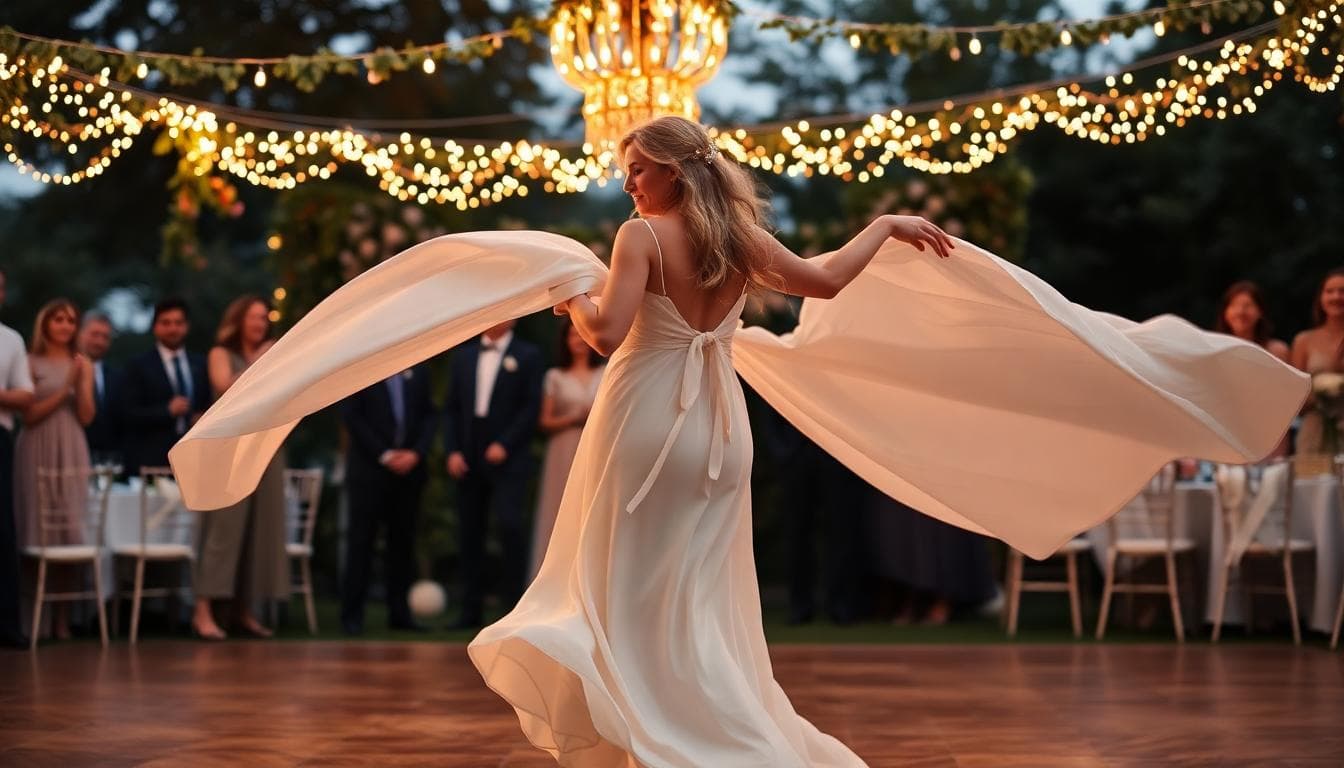 Mariée bohème qui tourne en extérieur avec une robe fluide en mousseline, jupe ample qui flotte, ambiance crépuscule et guirlandes lumineuses