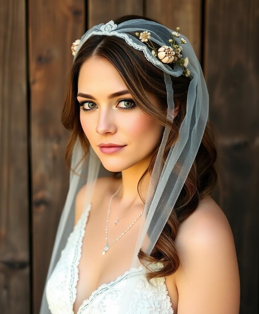 Accessoirisaton bohème: voile simple, bijoux de famille, fleurs séchées dans les cheveux