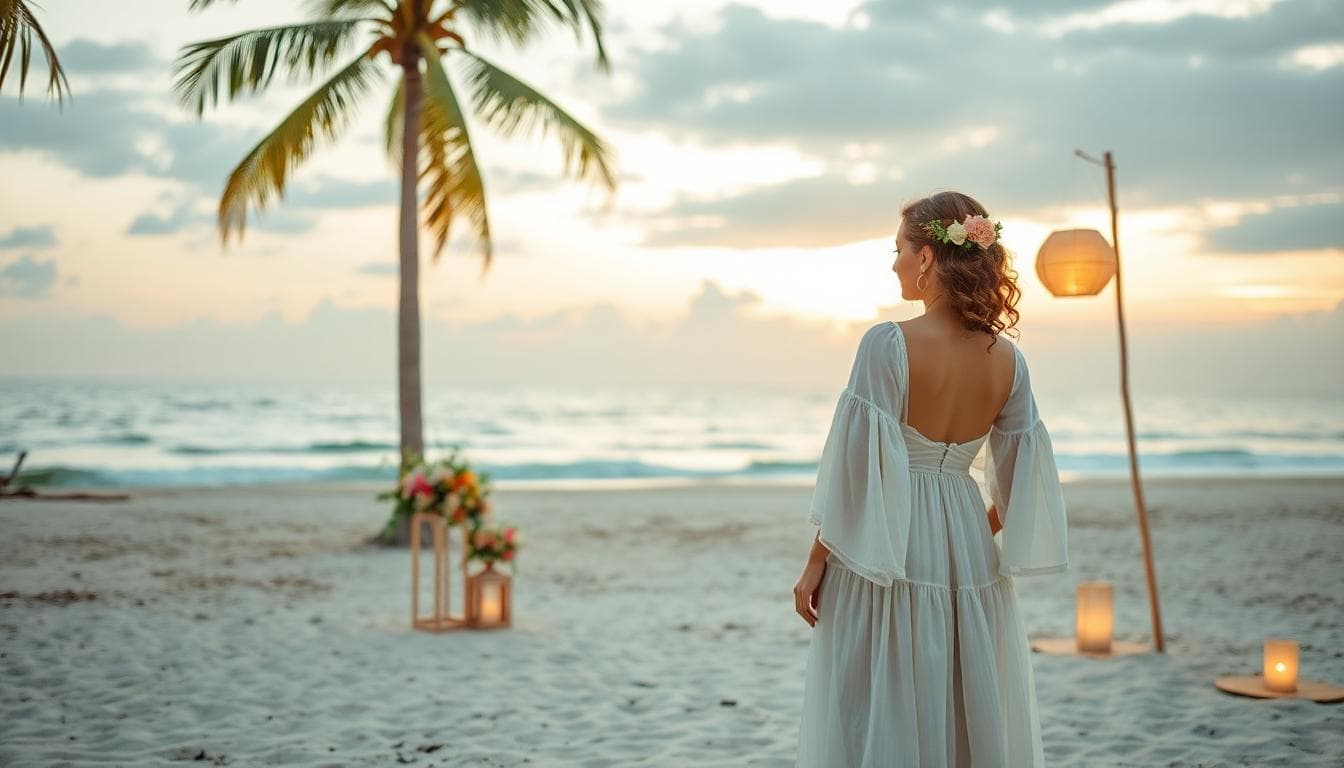 Mariée bohème sur une plage vietnamienne au lever du soleil, déco simple et élégante, ambiance douce et naturelle