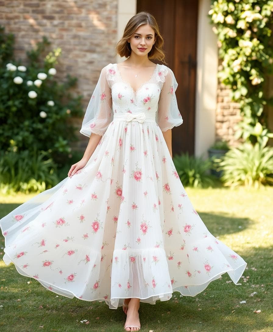 Mariée bohème vintage avec motifs floraux subtils, jupe souple et manches légères, ambiance champêtre