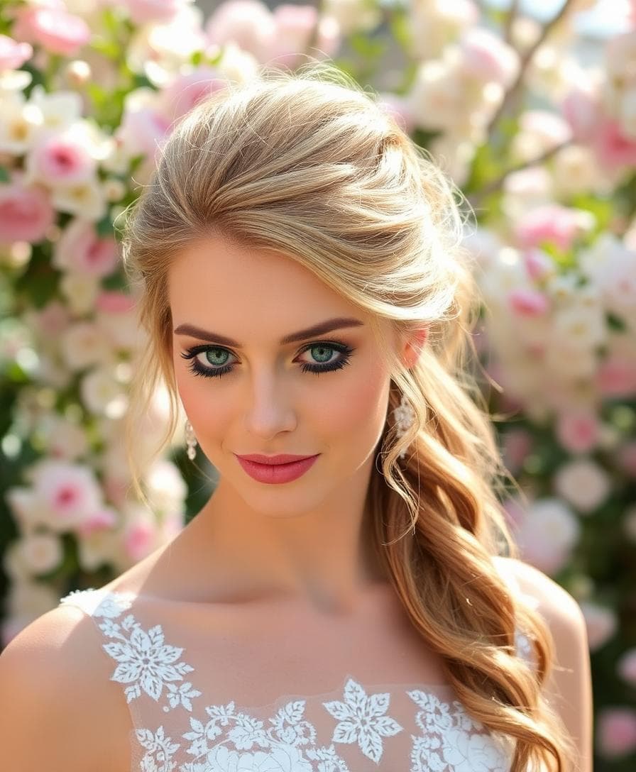 Mariée bohème au chignon haut souple avec mèches verticales