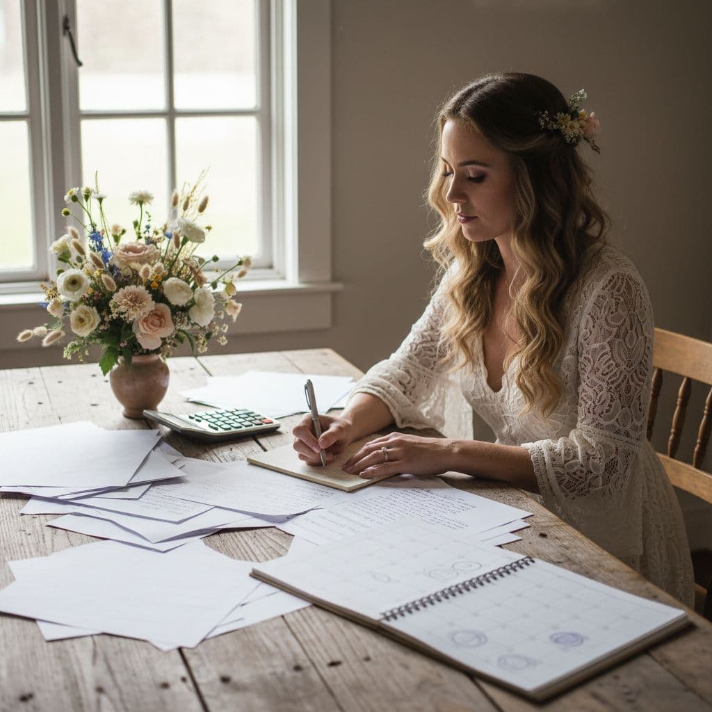 Mariée bohème planifiant son budget de mariage à une table rustique, carnet, calculatrice et fleurs sauvages