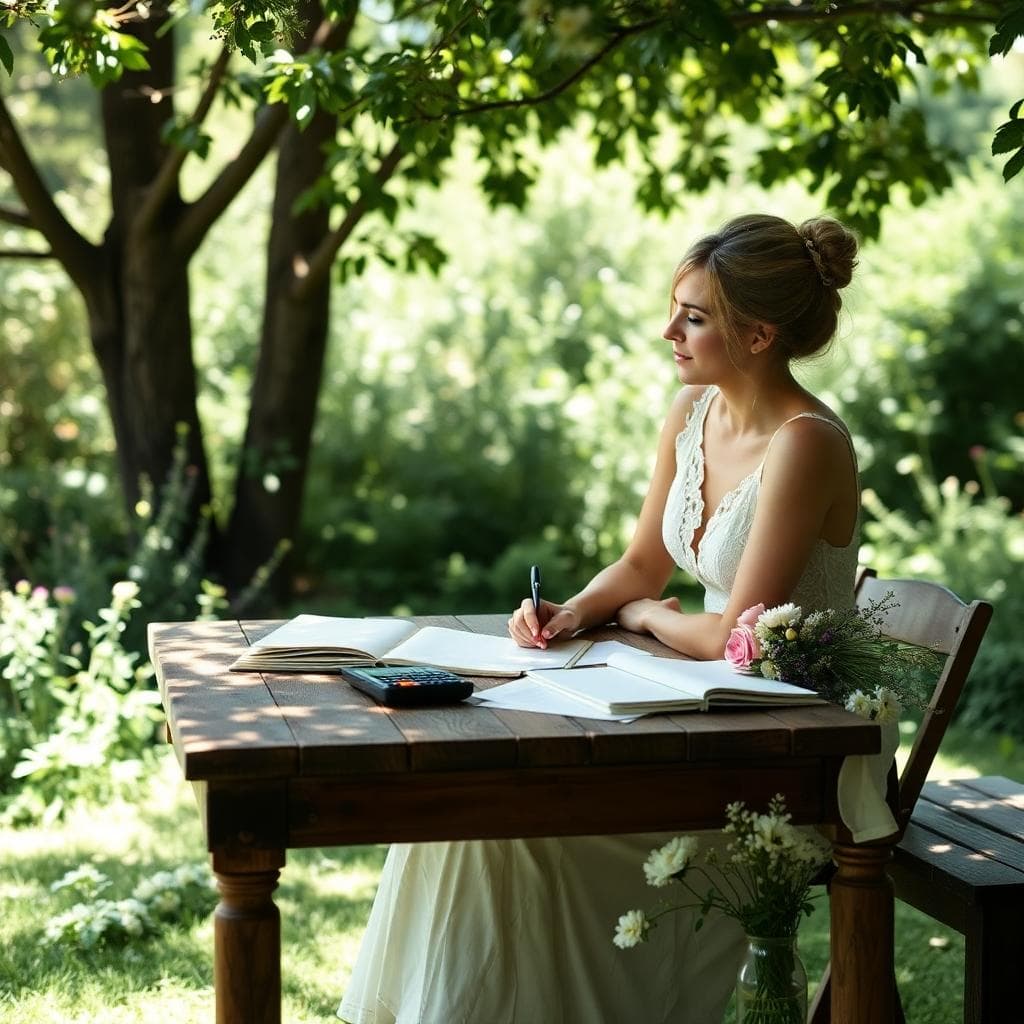 Mariée bohème planifiant son budget à une table en bois dans un jardin, cahier et calculatrice, ambiance douce et naturelle