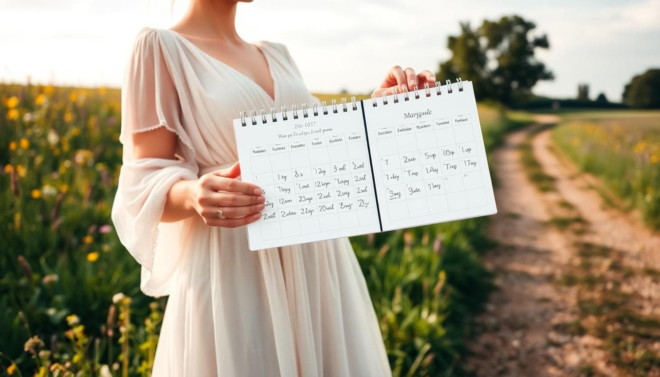 Mariée bohème tenant un calendrier dans un champ fleuri, ambiance naturelle et romantique