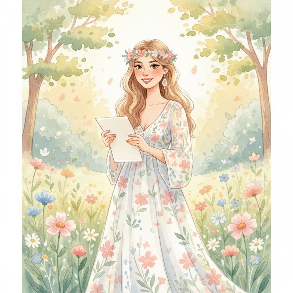 Illustration aquarelle d’une future mariée bohème tenant une check-list dans un jardin ensoleillé, ambiance douce et confiante. Image created with AI