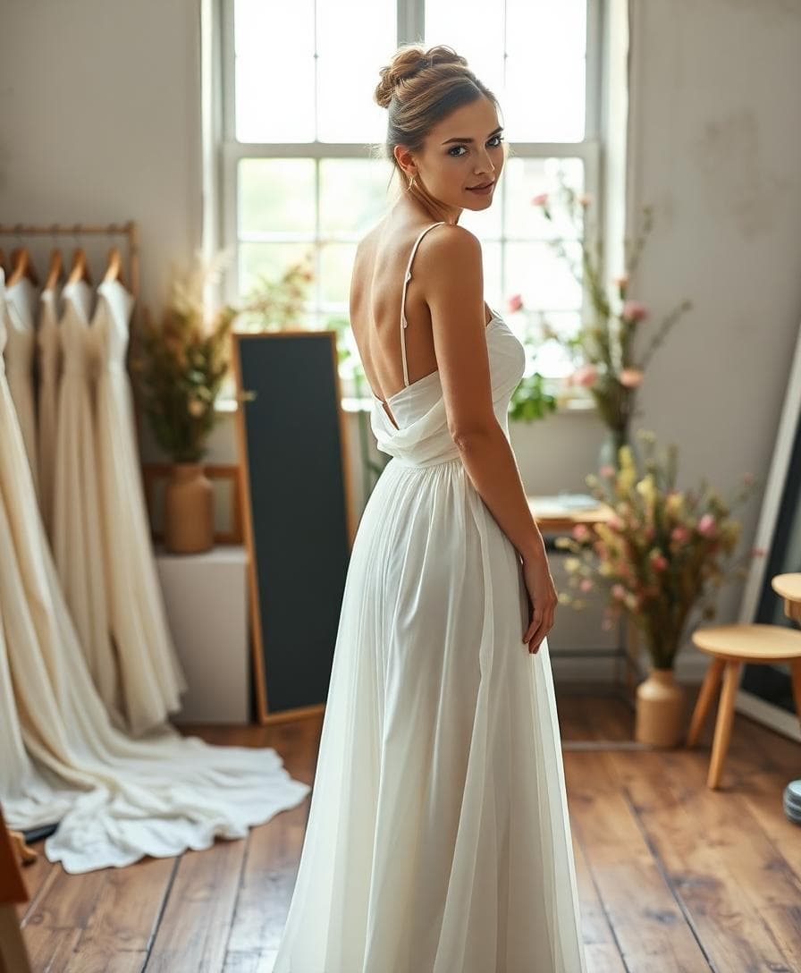 Future mariée bohème préparant son premier essayage dans un atelier lumineux, sous-vêtements neutres, chaussures proches de la hauteur prévue, cheveux attachés, ambiance dentelle et fleurs sauvages