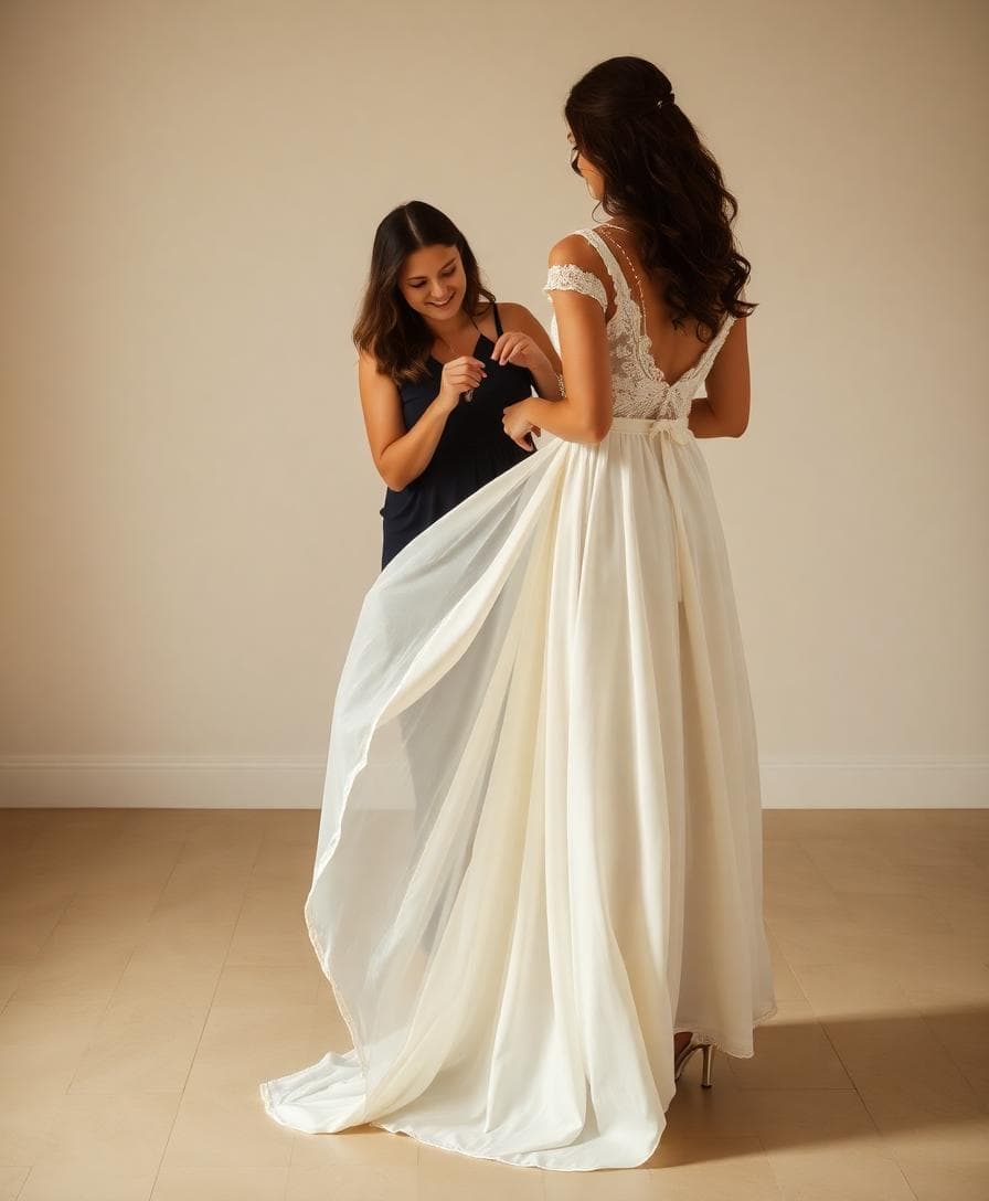 Une mariée bohème se tient droite pendant qu’une amie marque la longueur à la craie, robe fluide posée sur un sol plat