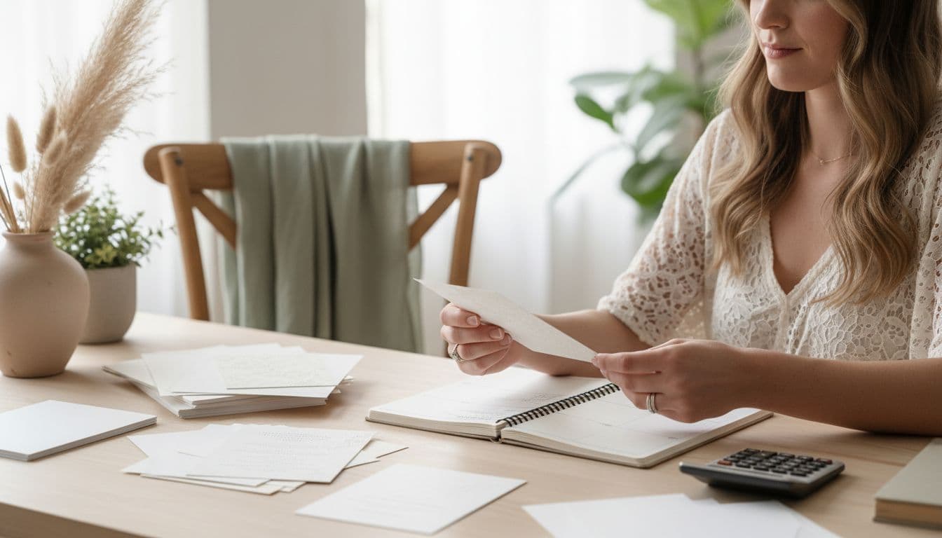 Future mariée bohème planifiant le budget et les délais de ses faire-part, avec papiers, calendrier et calculatrice