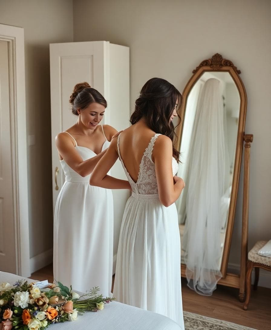 Préparatifs du matin, mariée bohème et témoin ajustant la robe, lumière naturelle, kit de secours visible