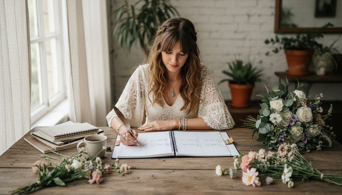 Future mariée bohème préparant son calendrier avec check-list J-12, J-6 et J-3 mois, ambiance naturelle et calme
