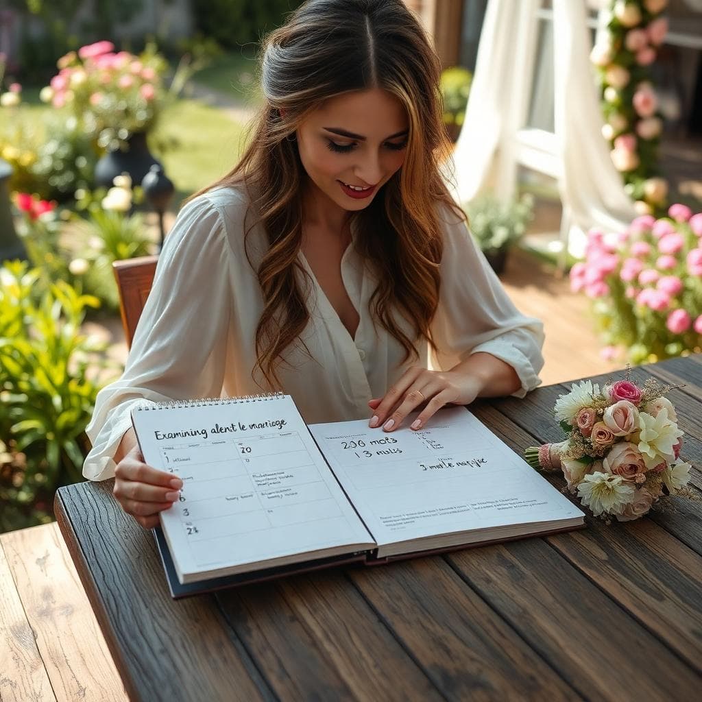 Future mariée bohème planifiant un calendrier santé et mariage dans un jardin fleuri, ambiance douce et naturelle
