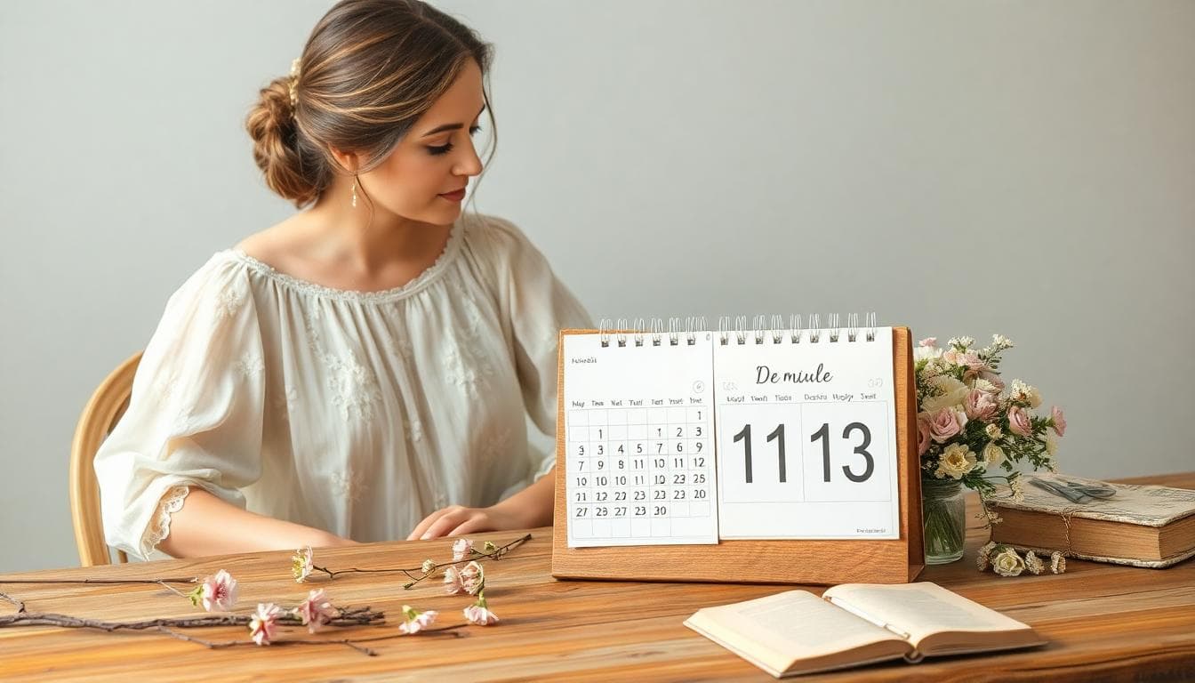 Future mariée bohème planifiant ses dates de congé autour de la cérémonie, calendrier, fleurs séchées et carnet sur table rustique