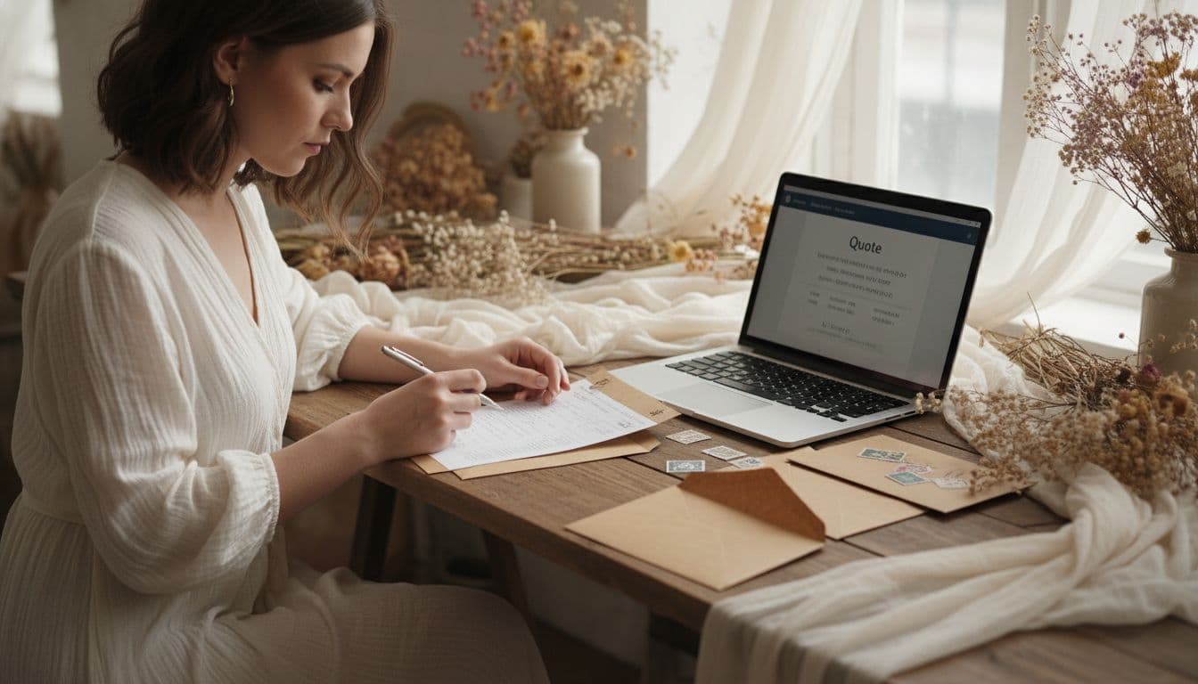 Future mariée bohème cochant une checklist et préparant un message de devis, avec enveloppes et timbres sur une table en bois