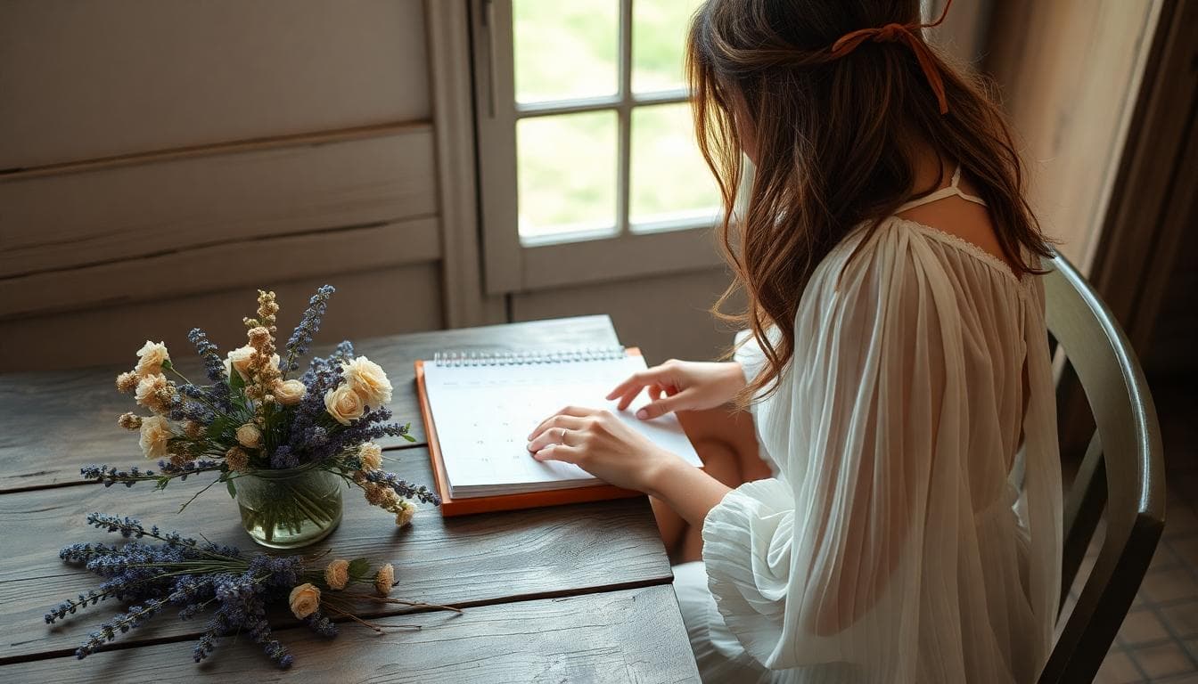 Future mariée bohème planifiant ses dates de congé sur un calendrier, ambiance douce et sereine