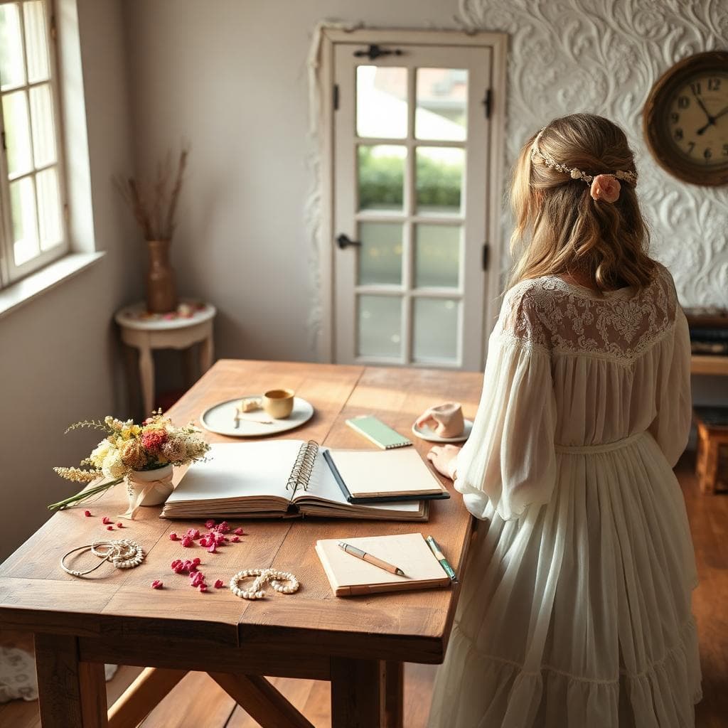 Future mariée bohème planifiant ses dates de congé autour de la cérémonie sur une table rustique, avec fleurs séchées, agenda et rubans