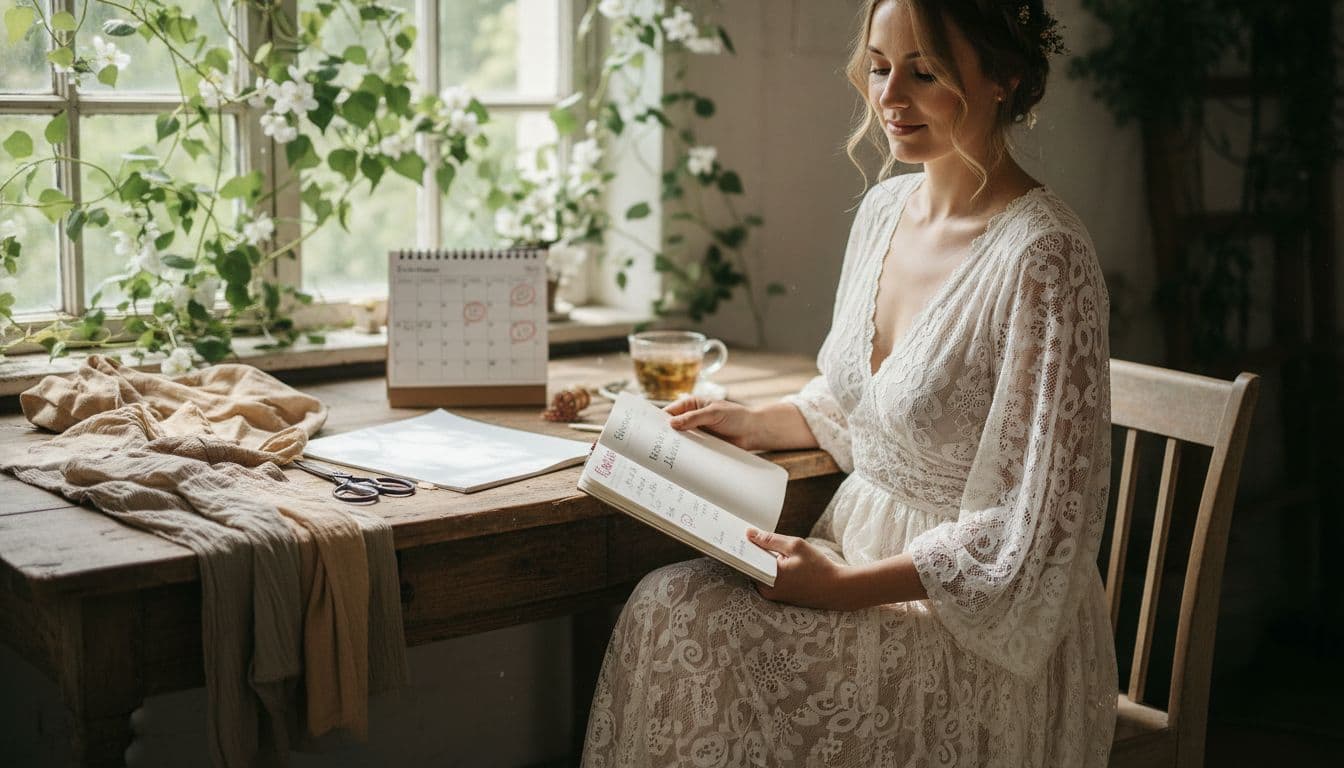 Mariée bohème planifiant son budget et son calendrier dans un atelier lumineux, robe fluide ivoire, échantillons de tissus et carnet de notes