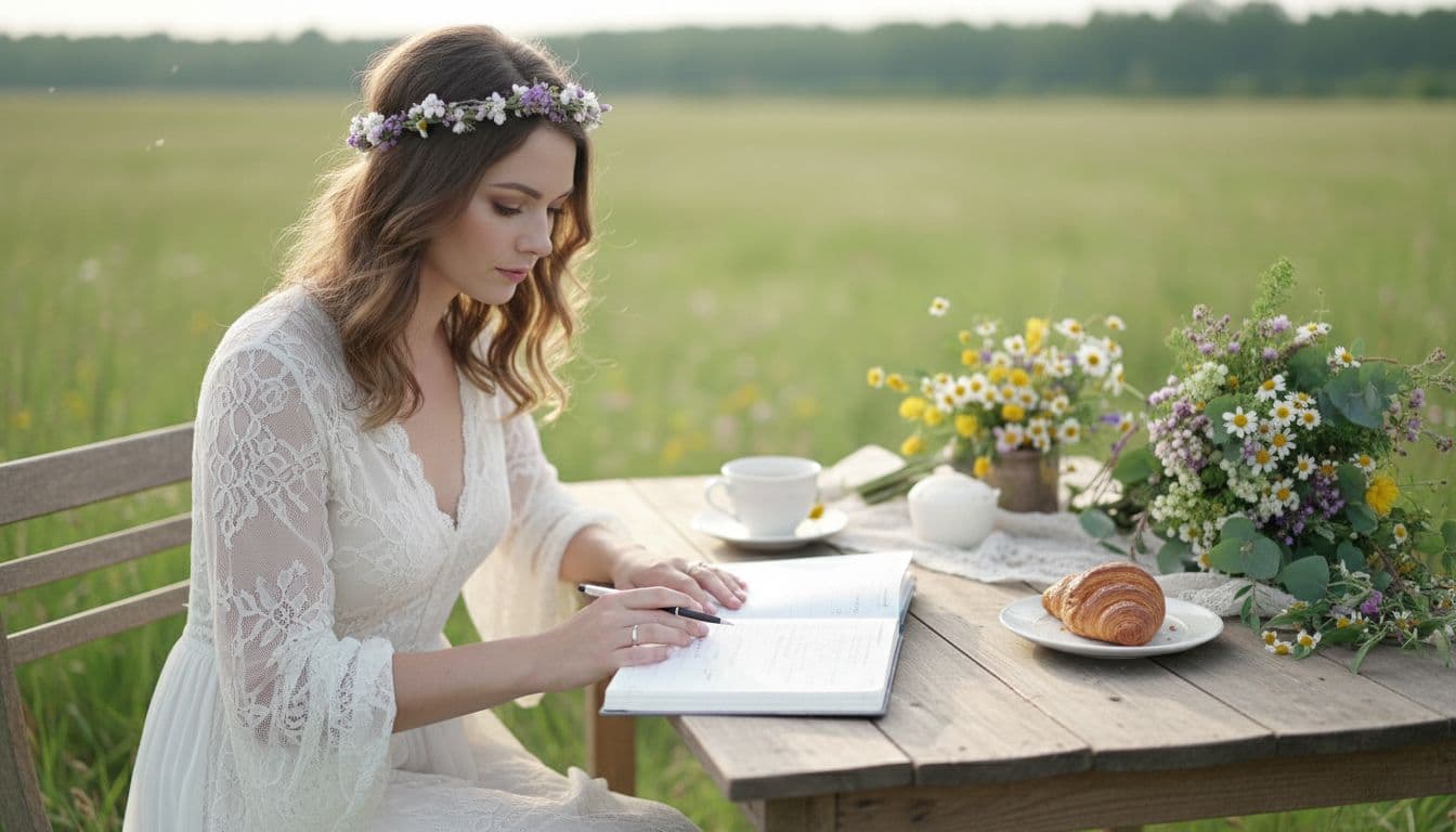 Mariée bohème planifiant son mariage au lever du jour dans un champ fleuri, ambiance douce et sereine